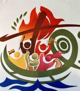 Motiv der UCCP-Kirche in den Philippinen: Menschen unterschiedlicher Herkunft in einem Boot unter Flamme und Kreuz